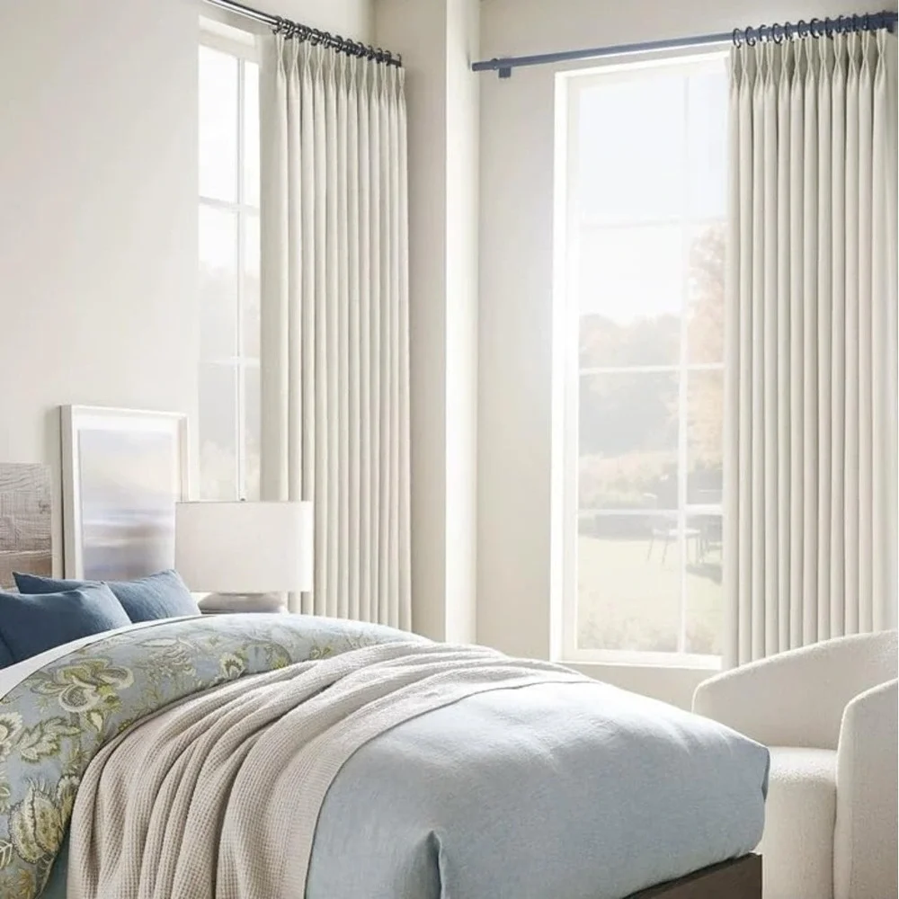90 Inch Linen Curtains 2 Panel Set for Living Room Natural Beige Pinch Pleat